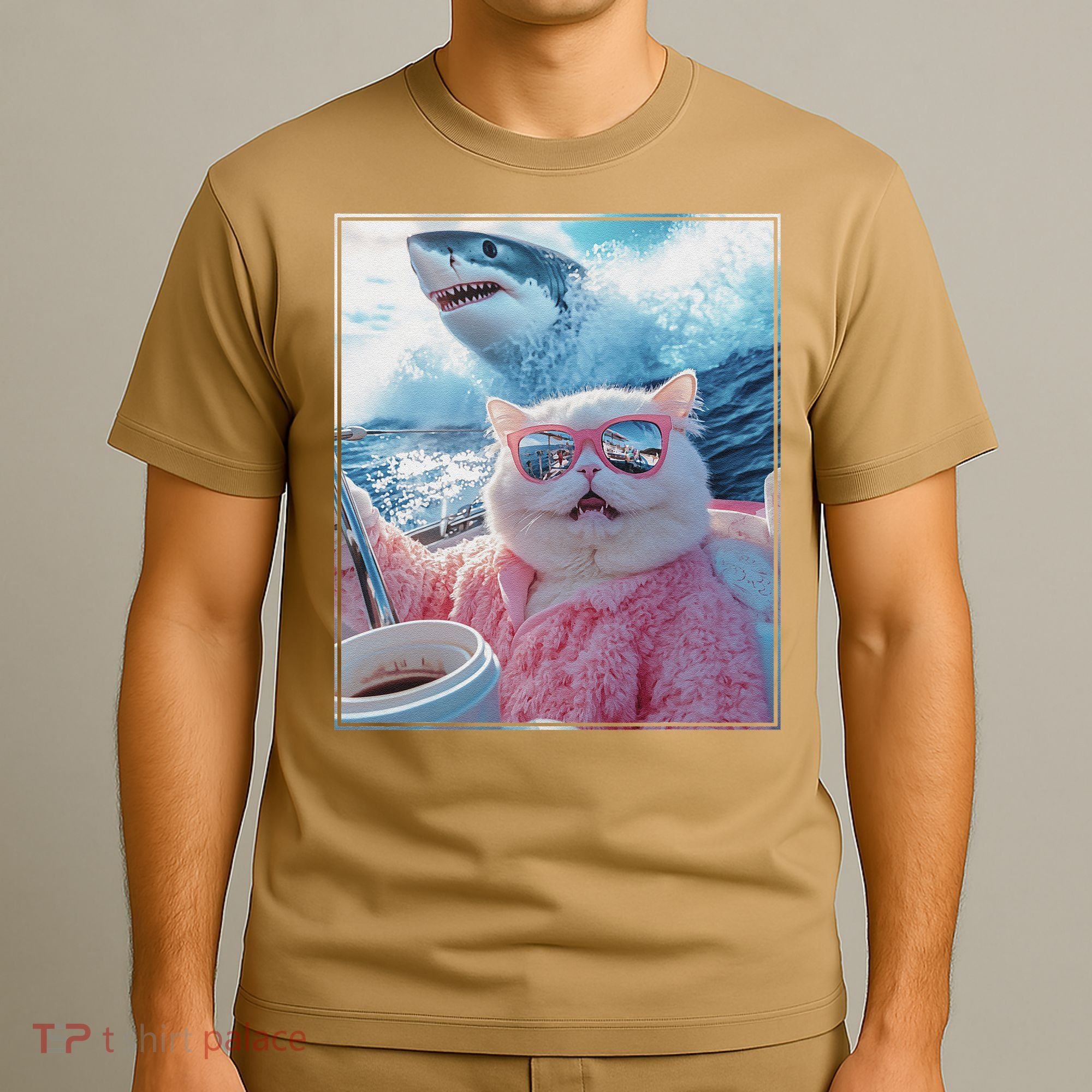 Cool Relaxed Cat on a Yacht Boat with Shark Funny Cat Meme T-Shirt