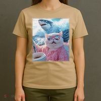 Cool Relaxed Cat on a Yacht Boat with Shark Funny Cat Meme T-Shirt thumb 4
