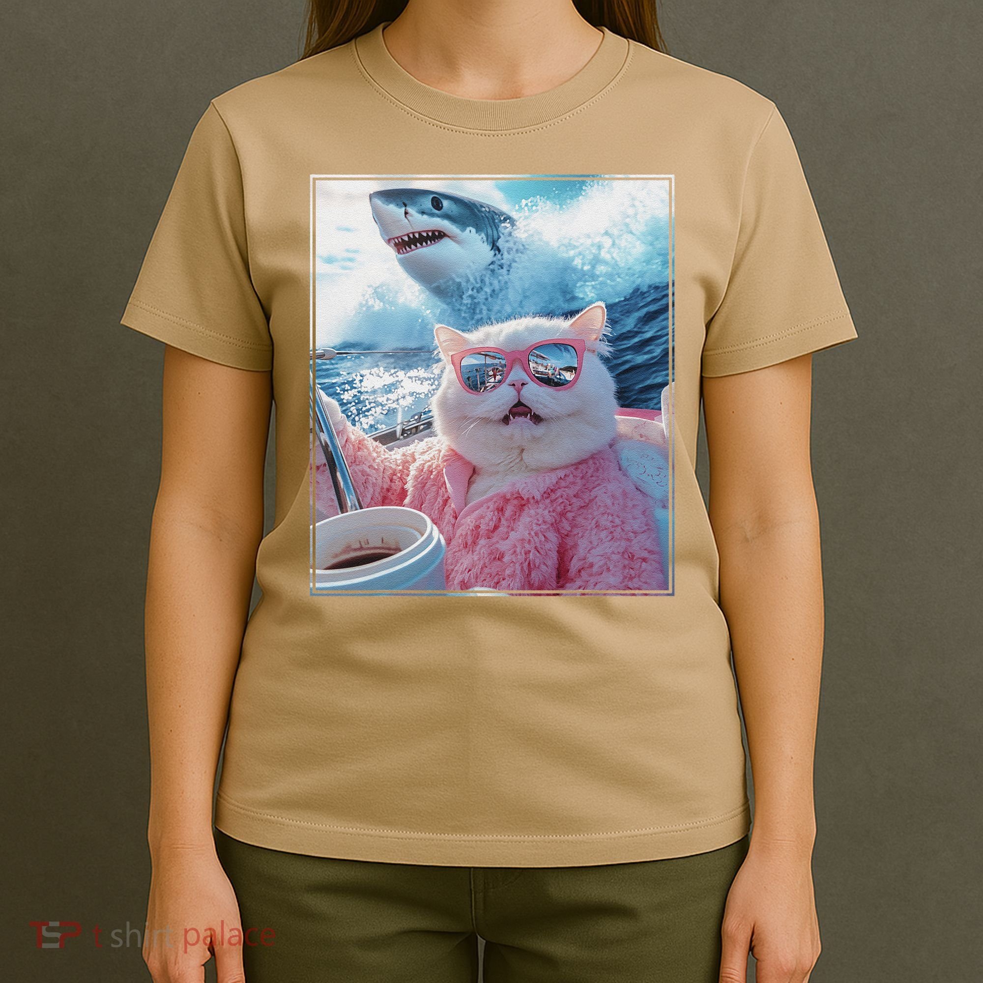 Cool Relaxed Cat on a Yacht Boat with Shark Funny Cat Meme T-Shirt