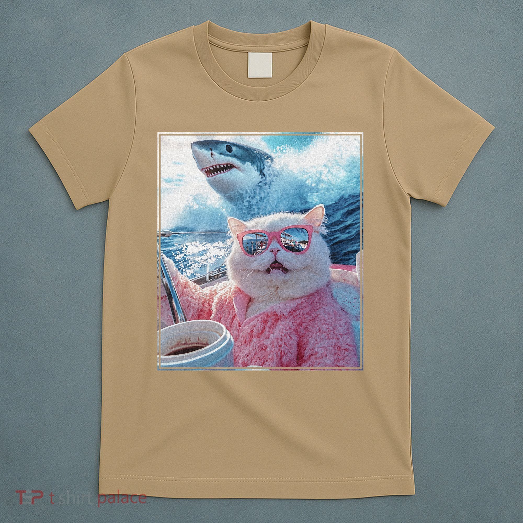 Cool Relaxed Cat on a Yacht Boat with Shark Funny Cat Meme T-Shirt