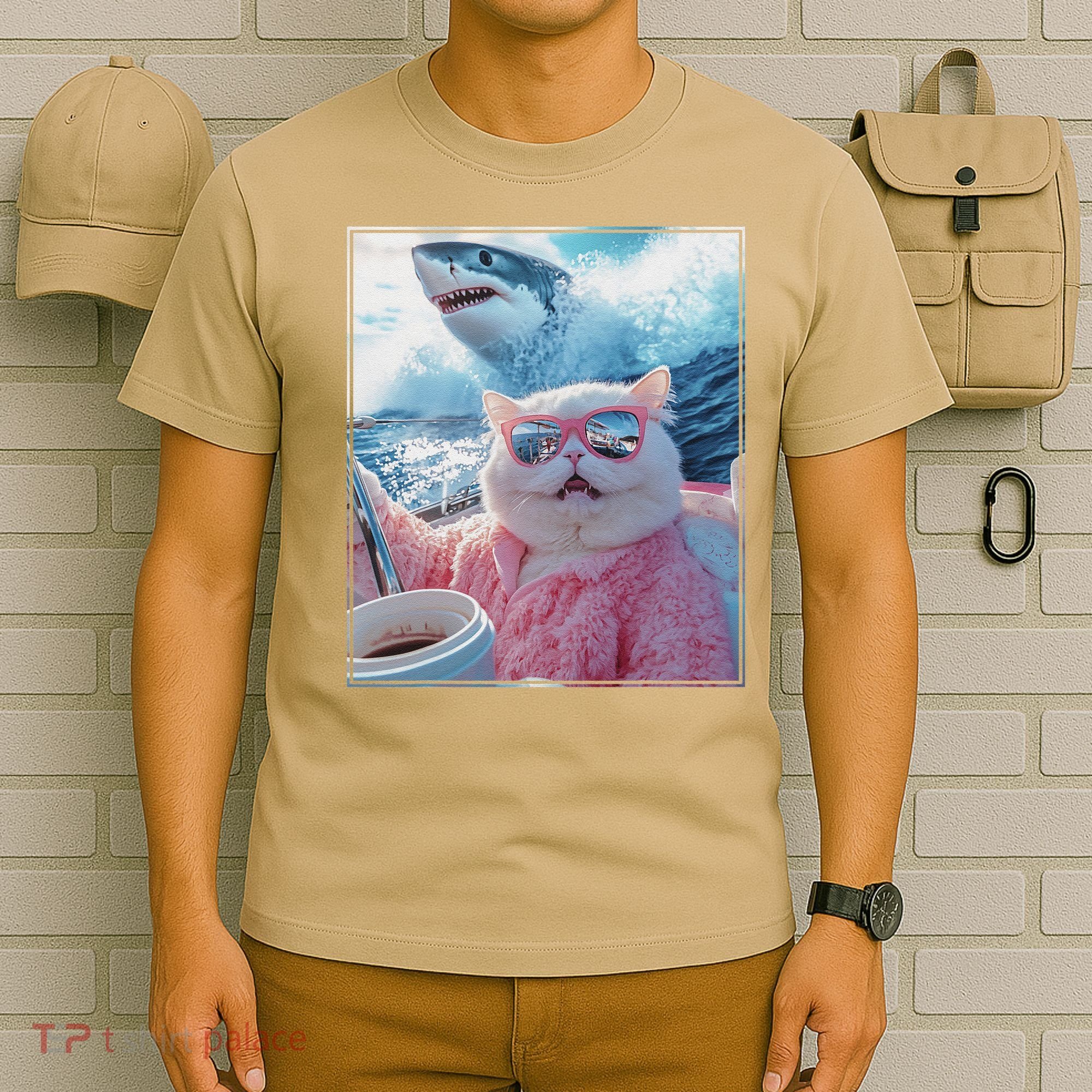 Cool Relaxed Cat on a Yacht Boat with Shark Funny Cat Meme T-Shirt