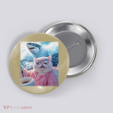 Cool Relaxed Cat on a Yacht Boat with Shark Funny Cat Meme Button