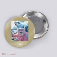 Cool Relaxed Cat on a Yacht Boat with Shark Funny Cat Meme Button thumb 0