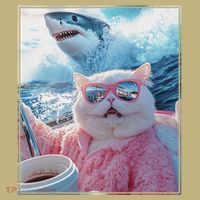 Cool Relaxed Cat on a Yacht Boat with Shark Funny Cat Meme Mousepad thumb 1