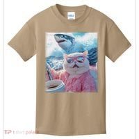 Cool Relaxed Cat on a Yacht Boat with Shark Funny Cat Meme Kids T-Shirt thumb 0
