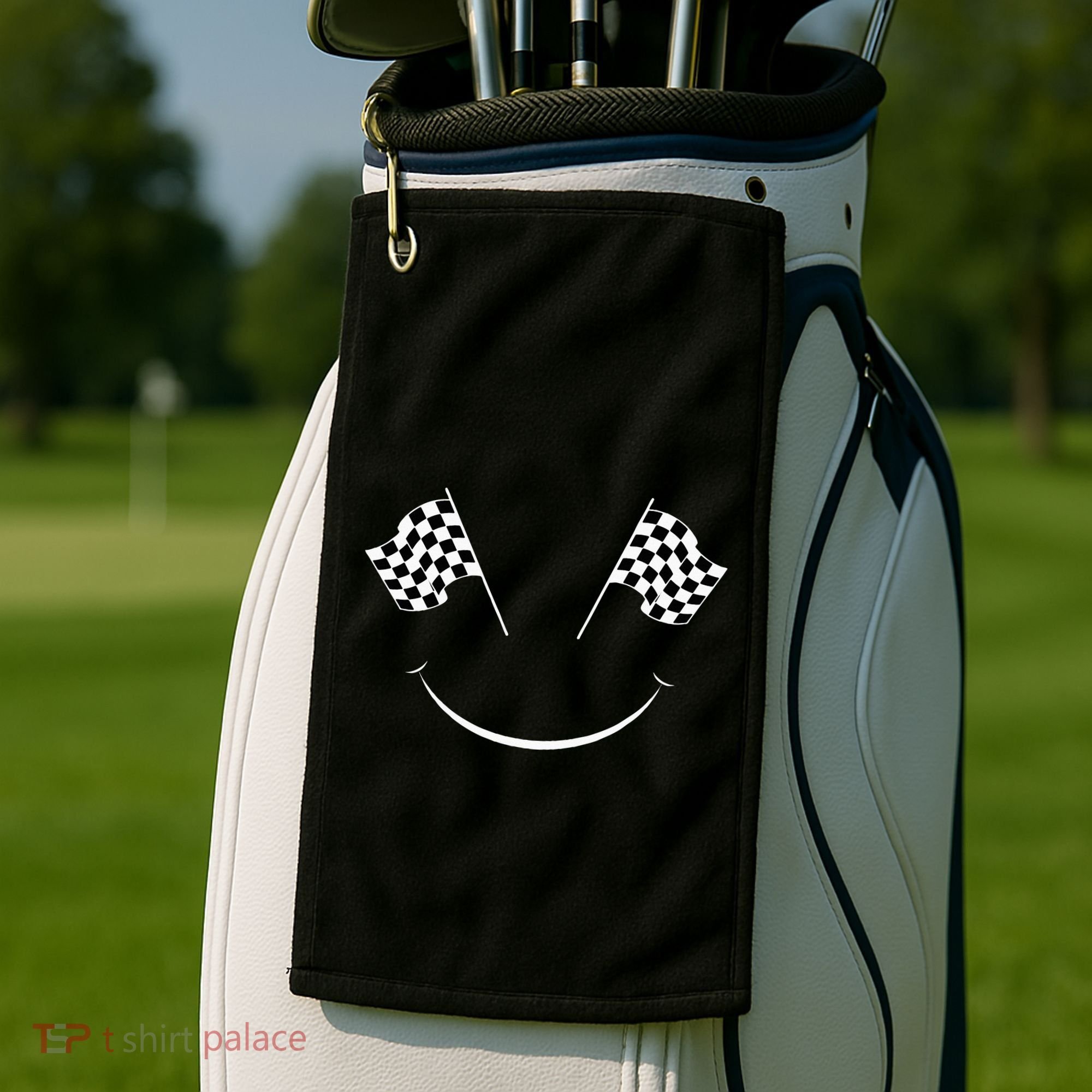 Car Racing Checkered Flag Smile Finish Line Automobile Racer Golf Towel