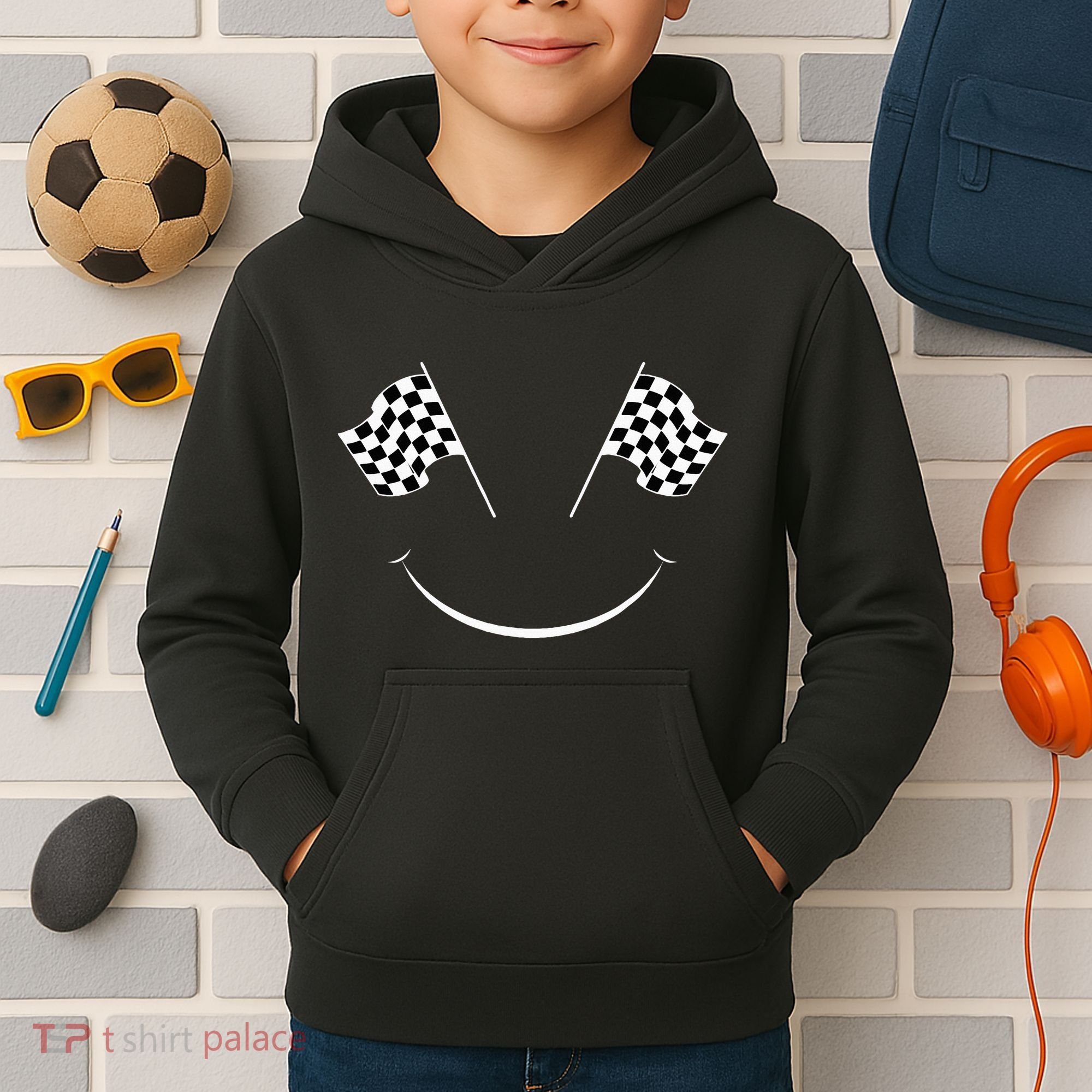 Car Racing Checkered Flag Smile Finish Line Automobile Racer Kids Hoodie