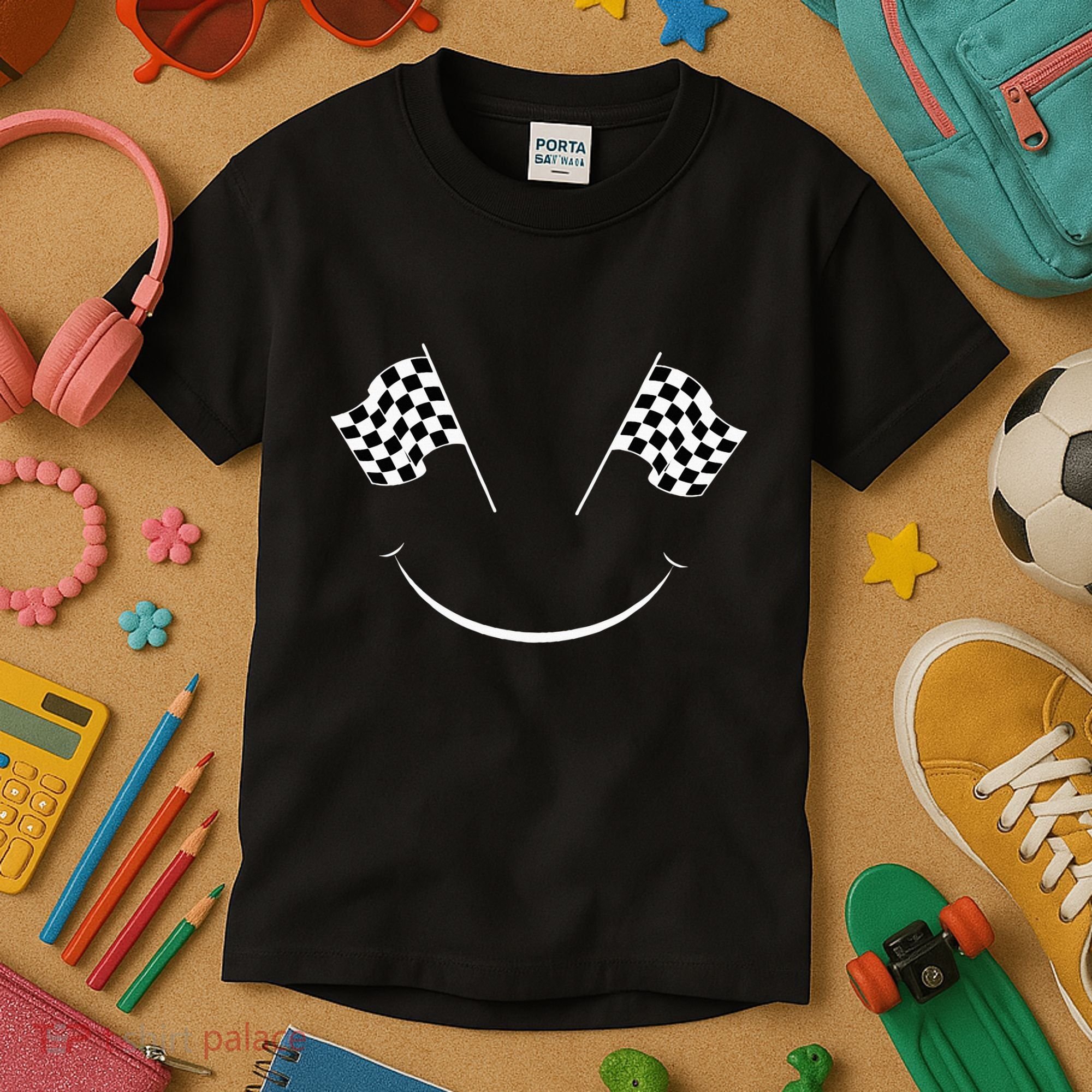 Car Racing Checkered Flag Smile Finish Line Automobile Racer Kids T-Shirt