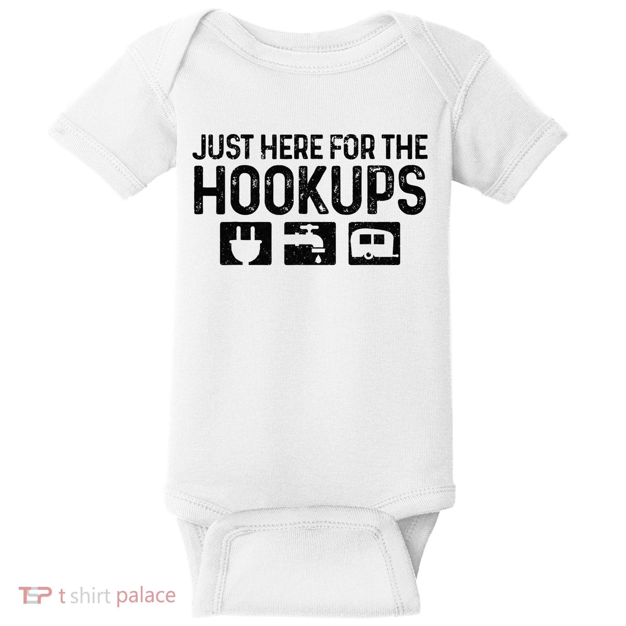 Camping RV Caravan Motorhome Just Here For The Hookups Funny Baby Bodysuit