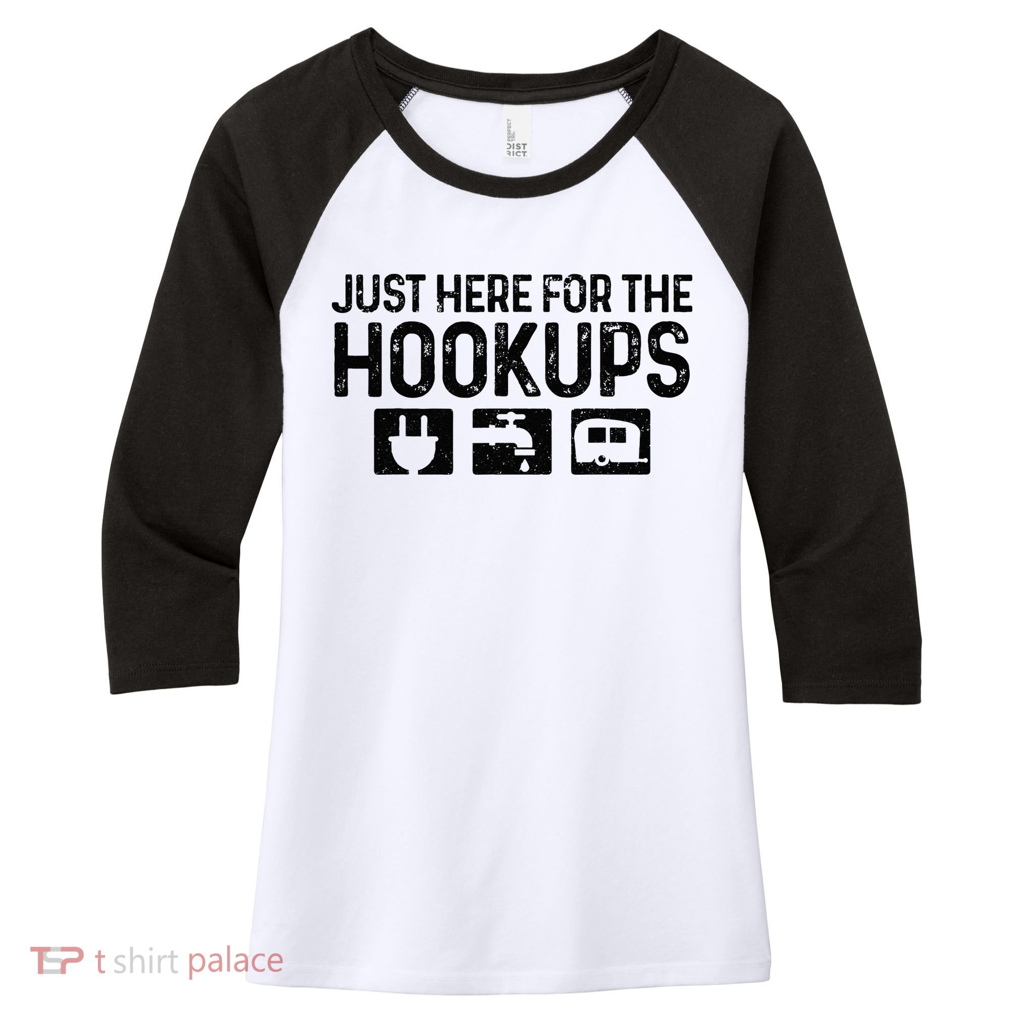 Camping RV Caravan Motorhome Just Here For The Hookups Funny Women's Tri-Blend 3/4-Sleeve Raglan Shirt