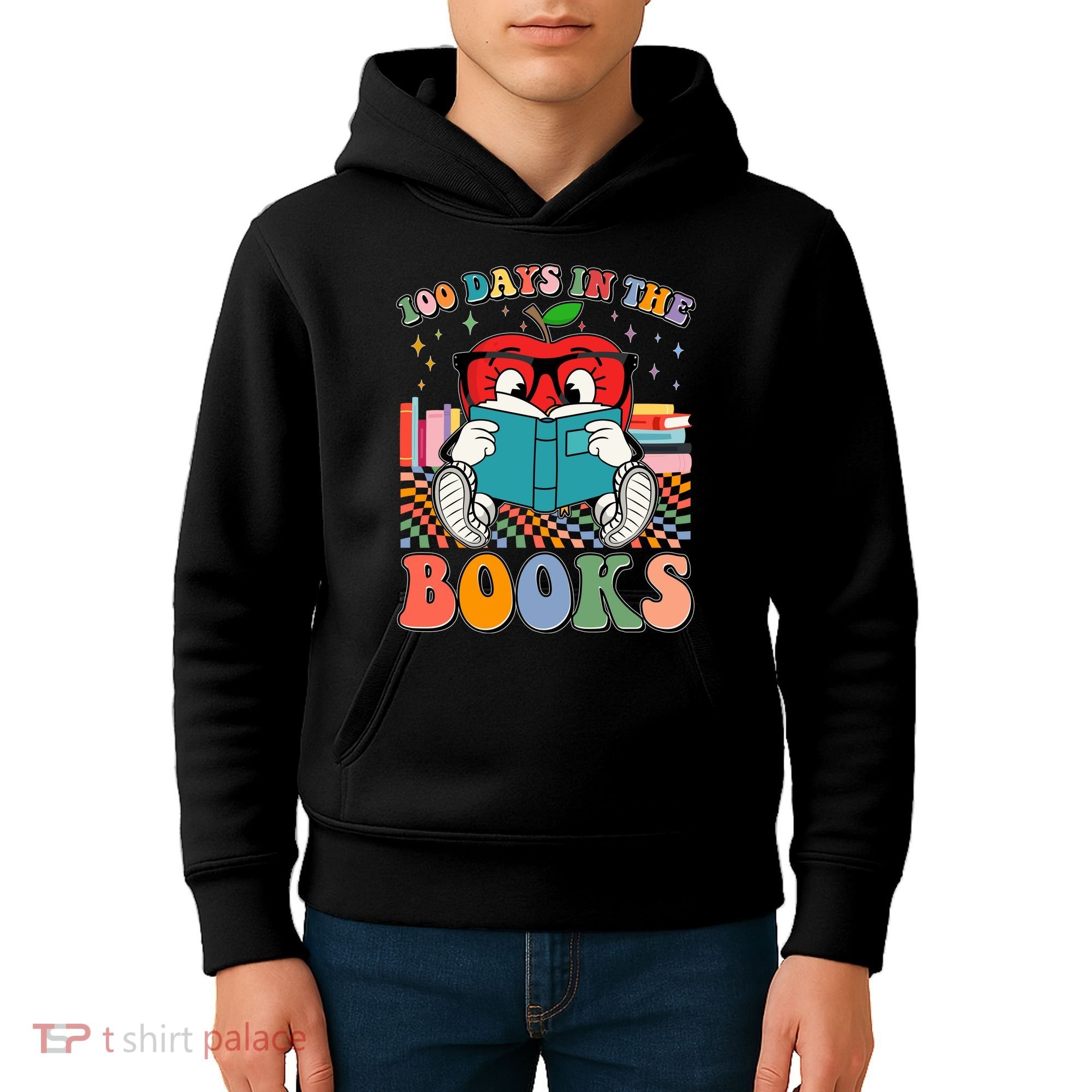Cute Retro Cartoon Apple 100 Days Of Books Kids Hoodie