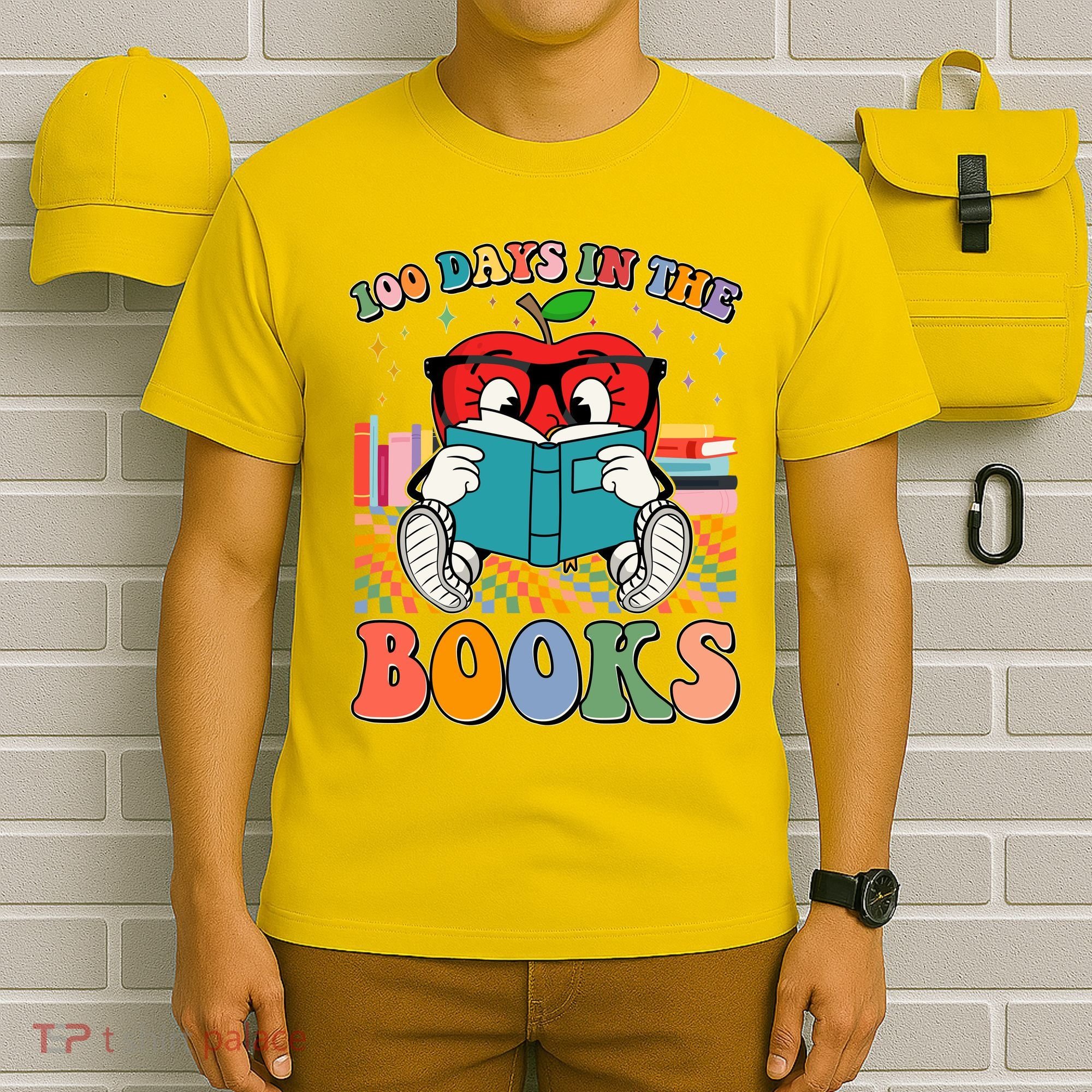 Cute Retro Cartoon Apple 100 Days Of Books T-Shirt