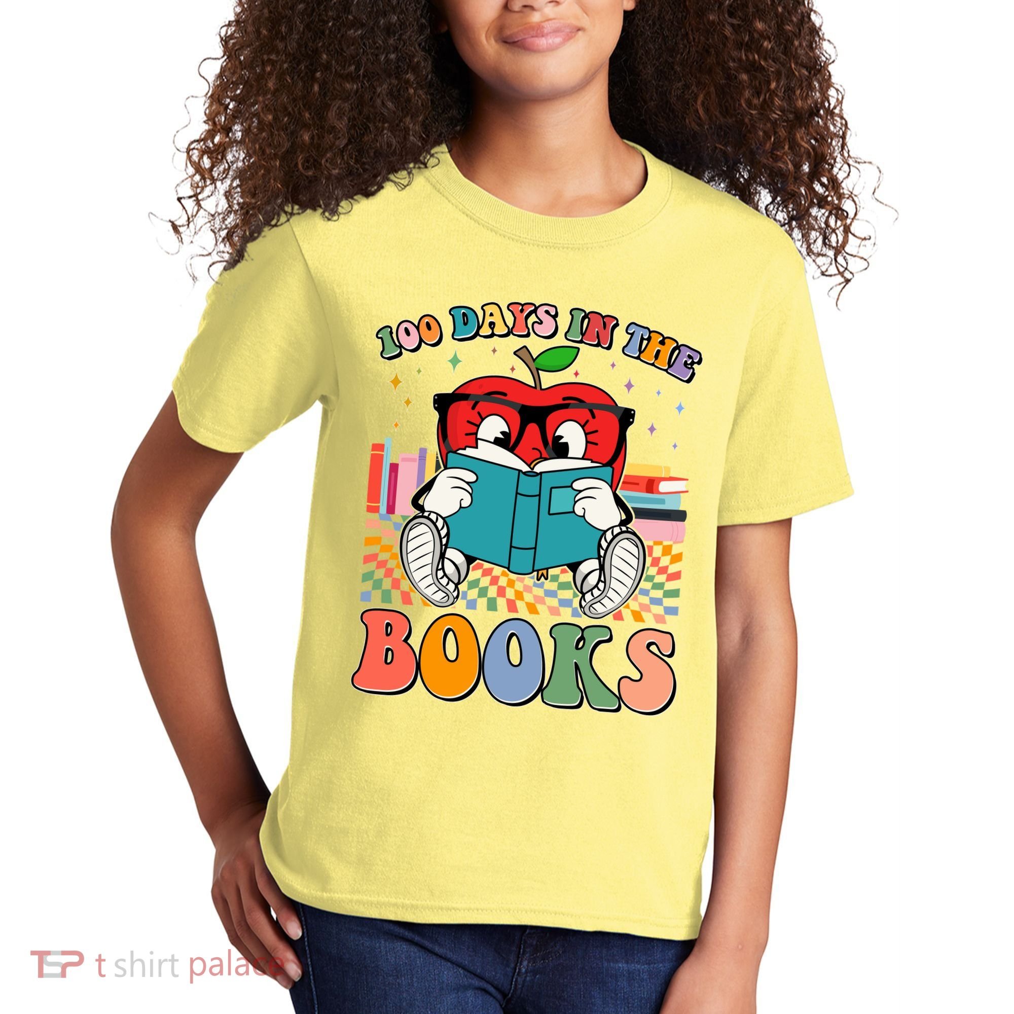 Cute Retro Cartoon Apple 100 Days Of Books Kids T-Shirt