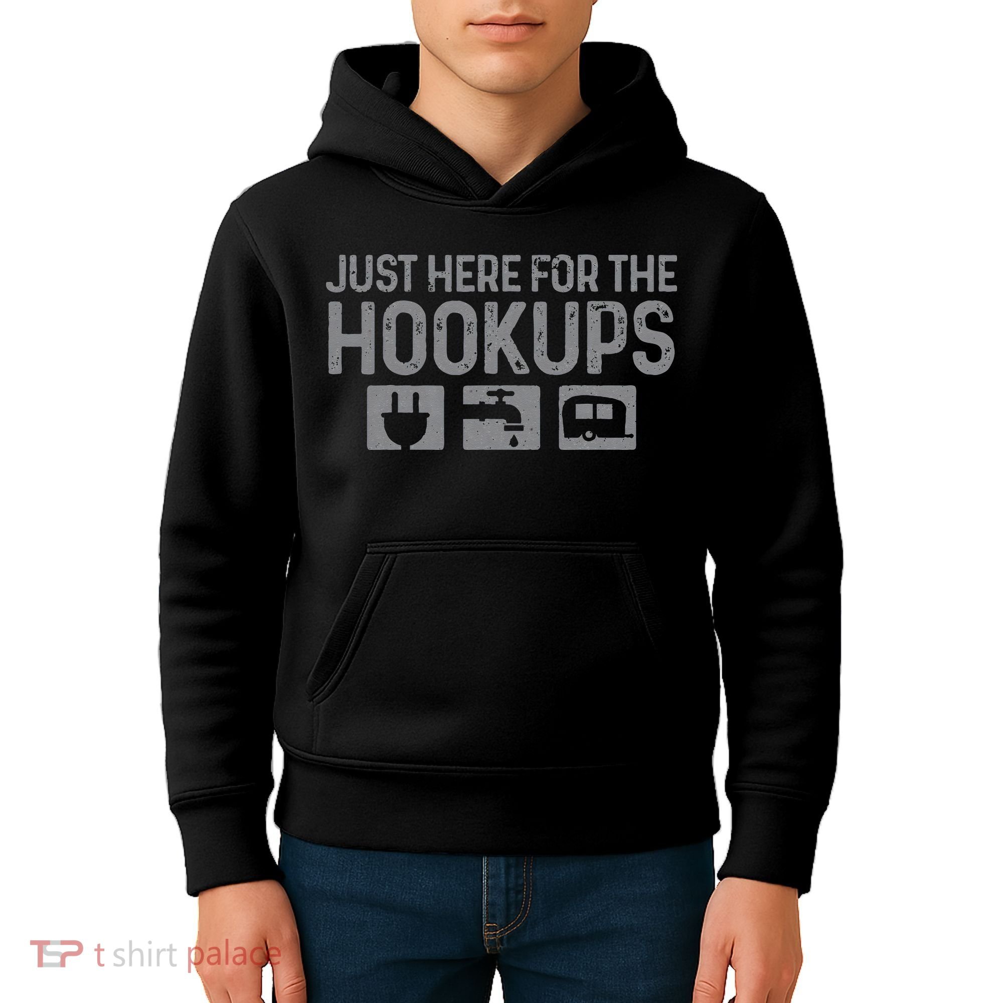 Camping RV Caravan Motorhome Just Here For The Hookups Funny Kids Hoodie