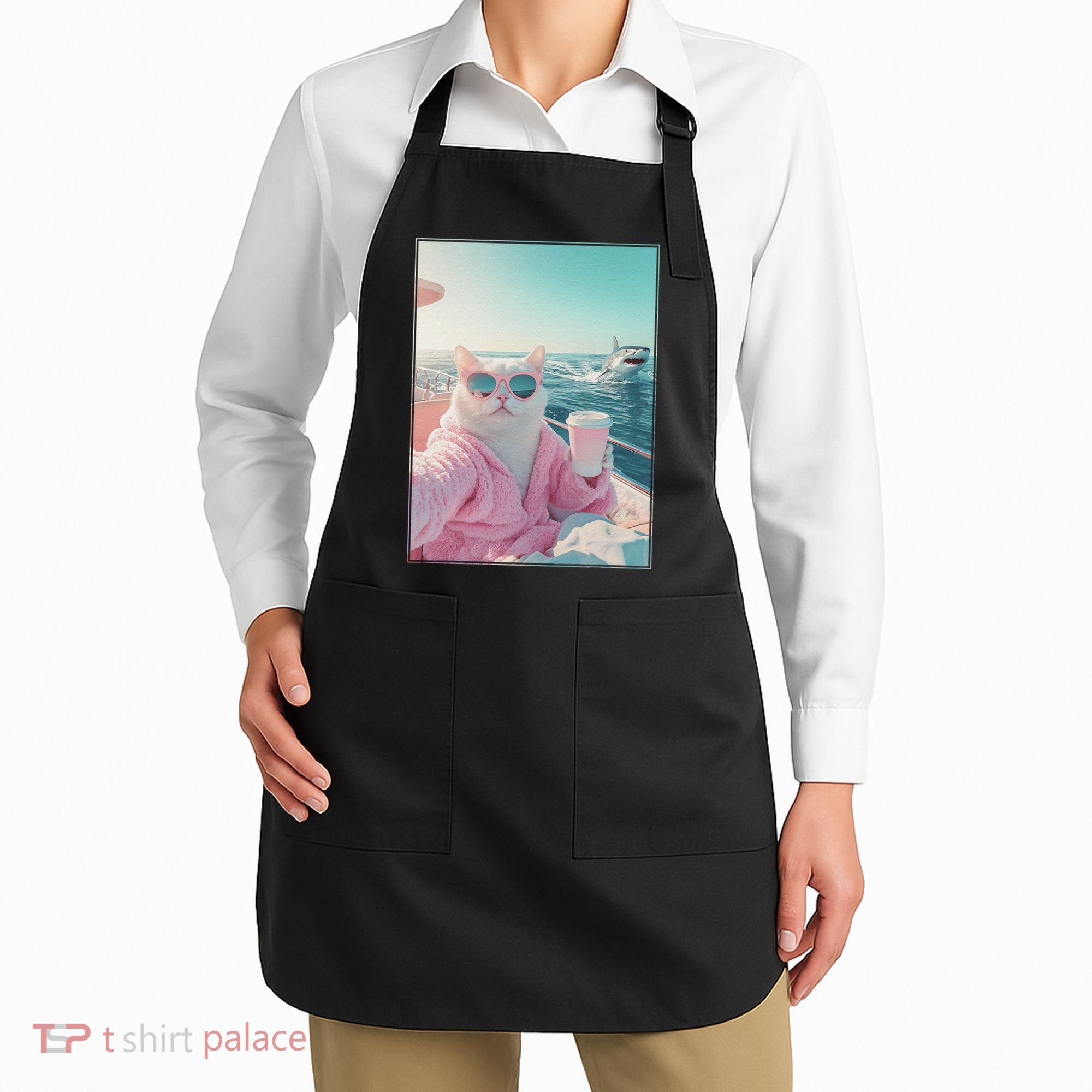 Cool Relaxed Cat on a Yacht Boat with Shark Funny Cat Meme Apron