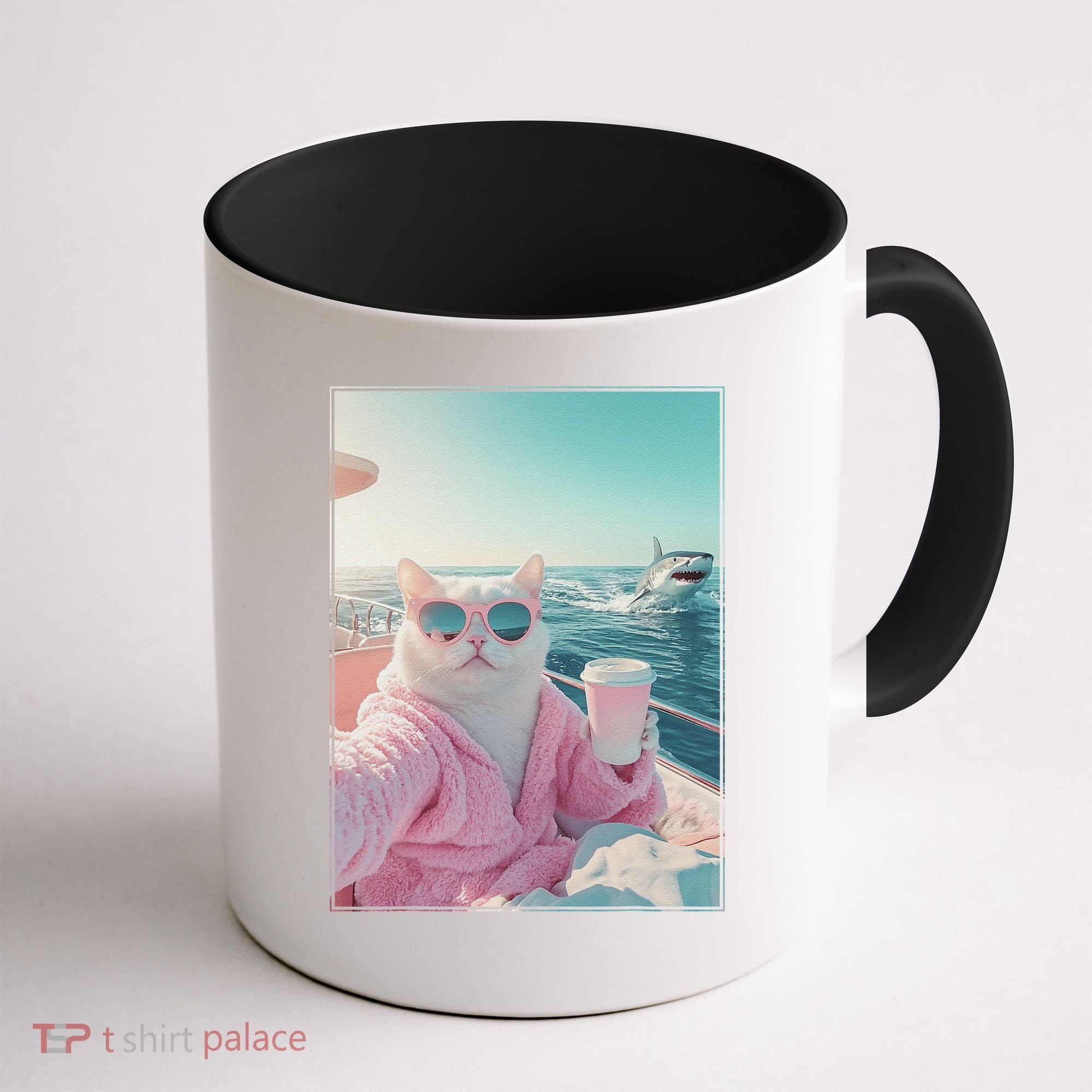 Cool Relaxed Cat on a Yacht Boat with Shark Funny Cat Meme Coffee Mug