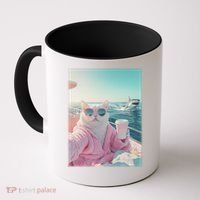Cool Relaxed Cat on a Yacht Boat with Shark Funny Cat Meme Coffee Mug thumb 0
