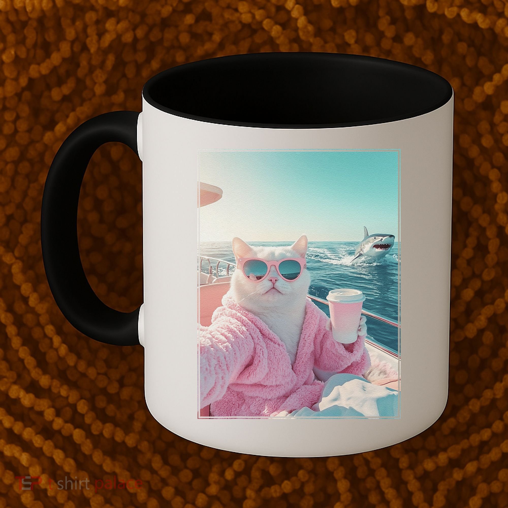 Cool Relaxed Cat on a Yacht Boat with Shark Funny Cat Meme Coffee Mug