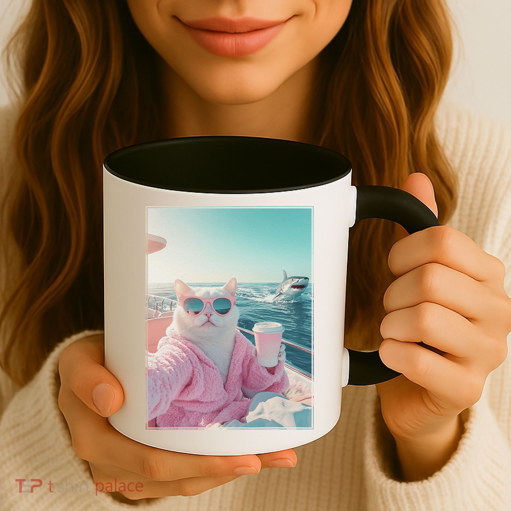 Cool Relaxed Cat on a Yacht Boat with Shark Funny Cat Meme Coffee Mug