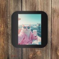 Cool Relaxed Cat on a Yacht Boat with Shark Funny Cat Meme Coaster thumb 0