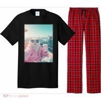 Cool Relaxed Cat on a Yacht Boat with Shark Funny Cat Meme Pajama Set thumb 0
