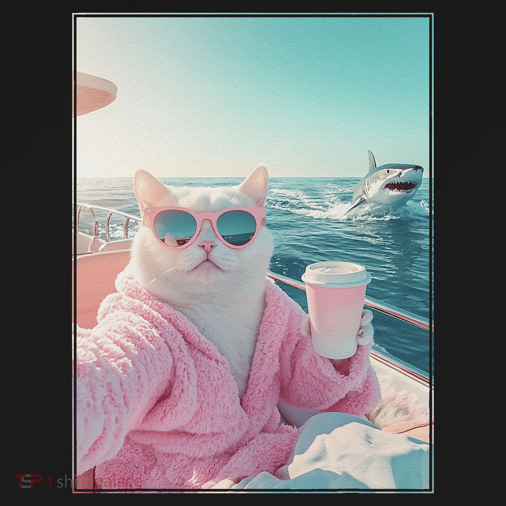 Cool Relaxed Cat on a Yacht Boat with Shark Funny Cat Meme Women's Hoodie