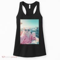 Cool Relaxed Cat on a Yacht Boat with Shark Funny Cat Meme Women's Tank Top thumb 0