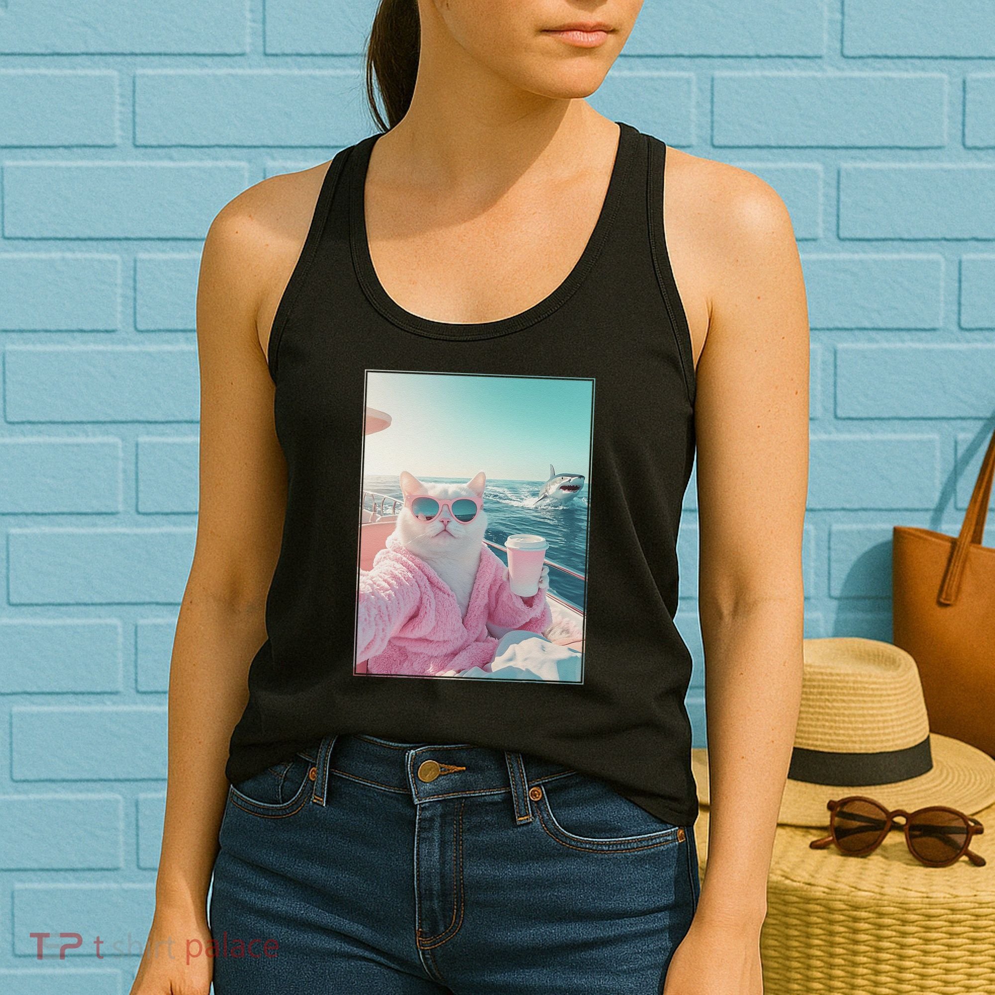 Cool Relaxed Cat on a Yacht Boat with Shark Funny Cat Meme Women's Tank Top