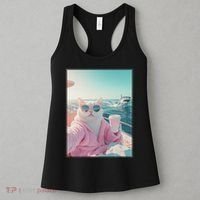 Cool Relaxed Cat on a Yacht Boat with Shark Funny Cat Meme Women's Tank Top thumb 3