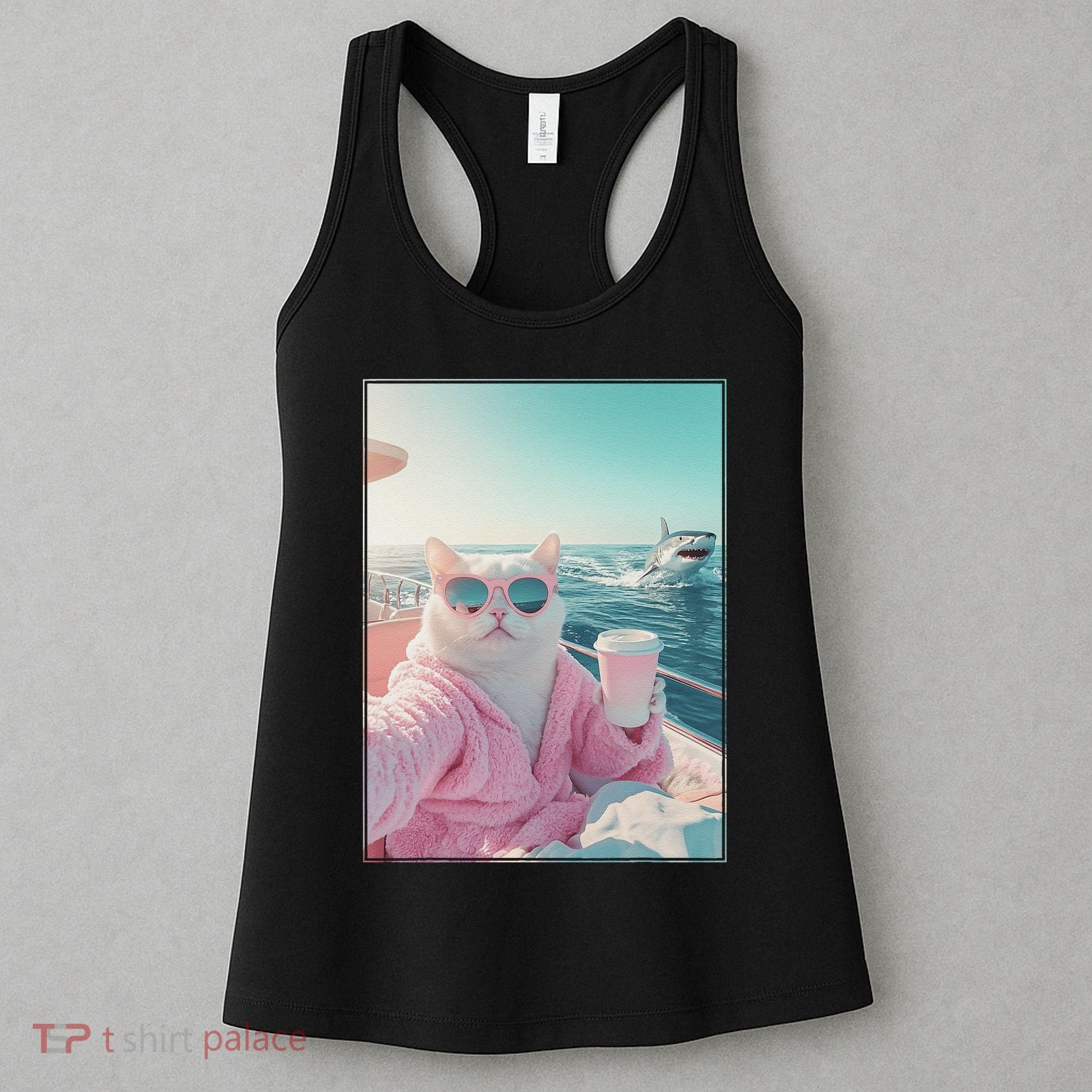 Cool Relaxed Cat on a Yacht Boat with Shark Funny Cat Meme Women's Tank Top