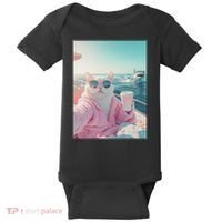 Cool Relaxed Cat on a Yacht Boat with Shark Funny Cat Meme Baby Bodysuit thumb 0