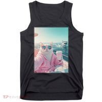 Cool Relaxed Cat on a Yacht Boat with Shark Funny Cat Meme Tank Top thumb 0