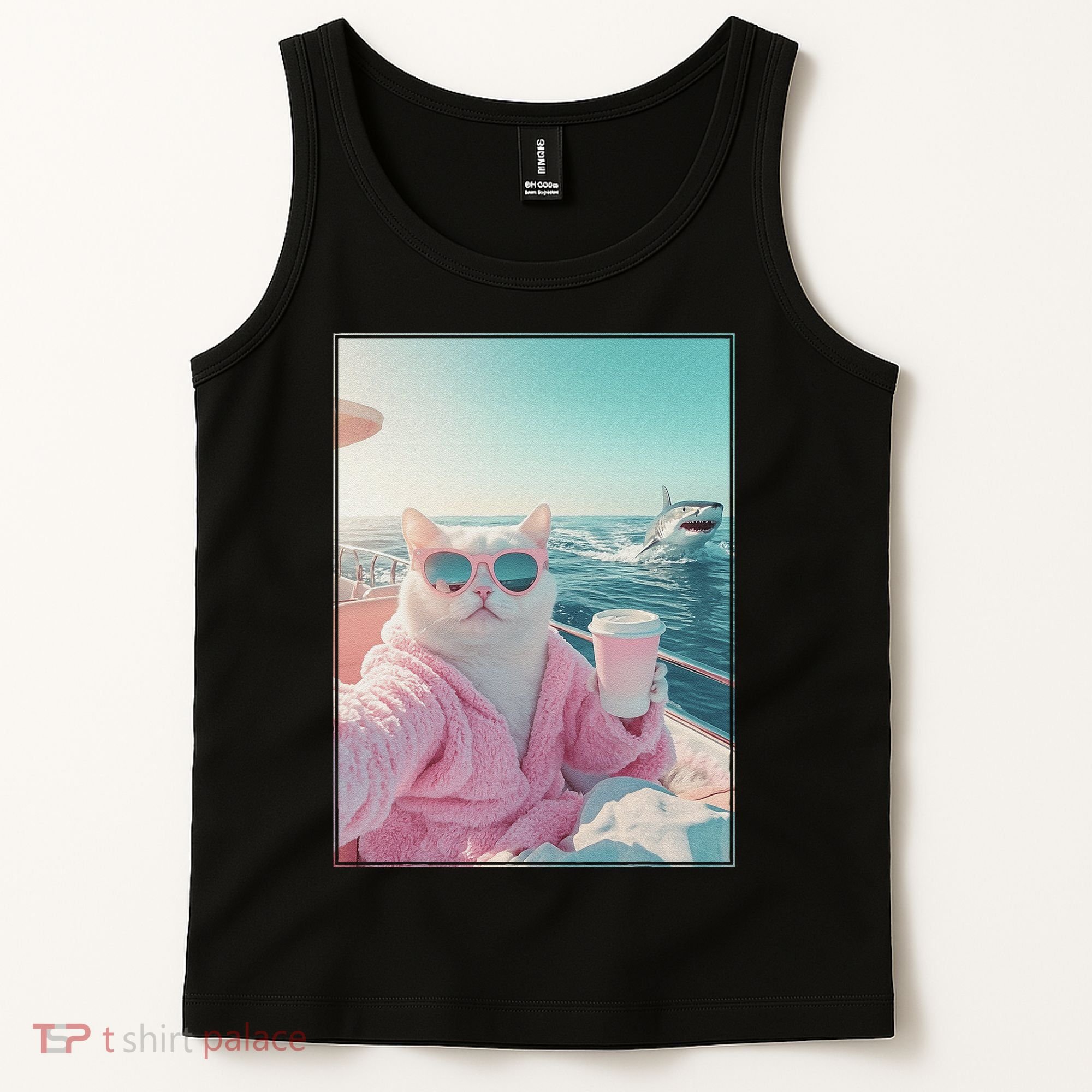 Cool Relaxed Cat on a Yacht Boat with Shark Funny Cat Meme Tank Top