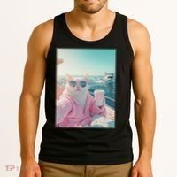 Cool Relaxed Cat on a Yacht Boat with Shark Funny Cat Meme Tank Top thumb 3