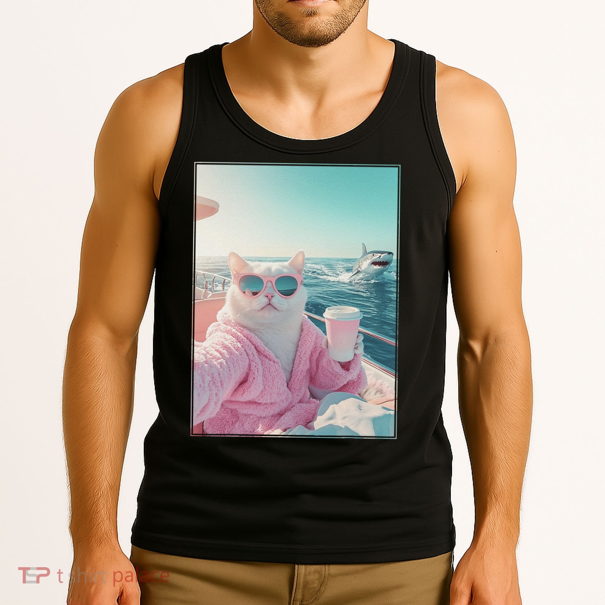 Cool Relaxed Cat on a Yacht Boat with Shark Funny Cat Meme Tank Top