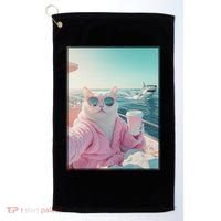 Cool Relaxed Cat on a Yacht Boat with Shark Funny Cat Meme Golf Towel thumb 0