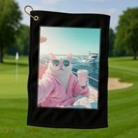 Cool Relaxed Cat on a Yacht Boat with Shark Funny Cat Meme Golf Towel thumb 1