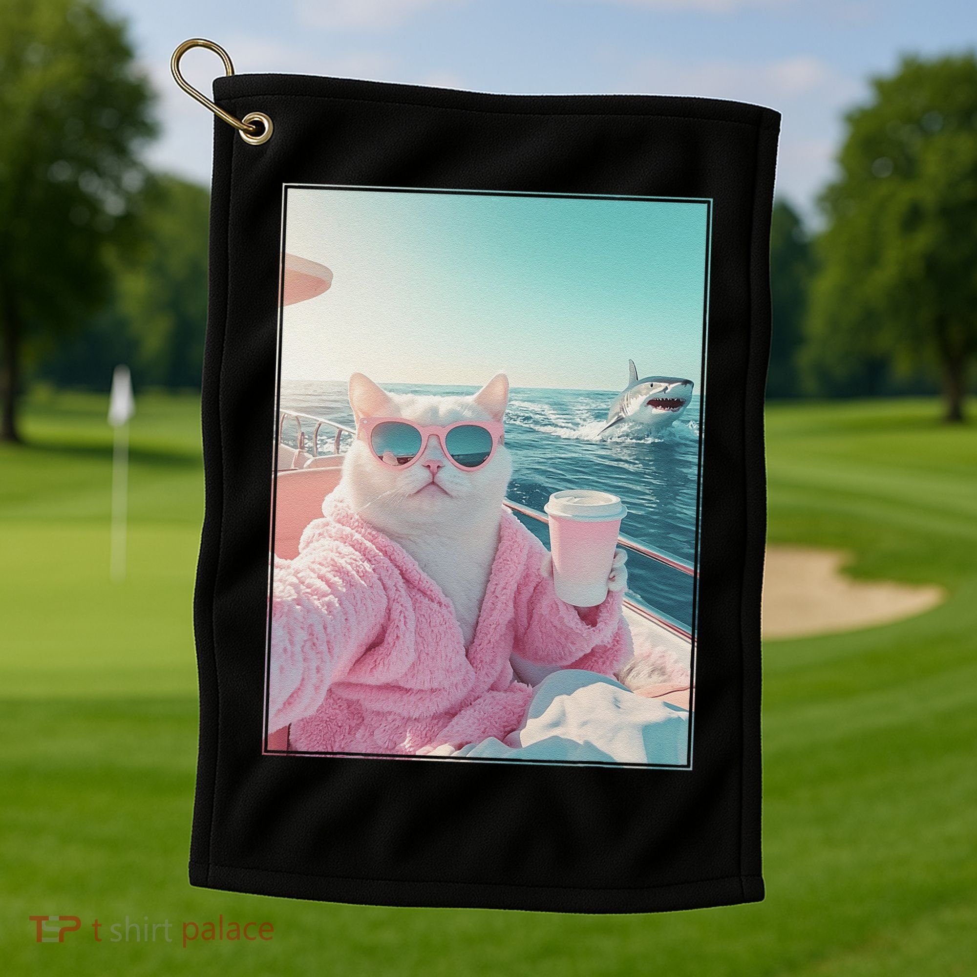 Cool Relaxed Cat on a Yacht Boat with Shark Funny Cat Meme Golf Towel
