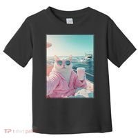 Cool Relaxed Cat on a Yacht Boat with Shark Funny Cat Meme Toddler T-Shirt thumb 0