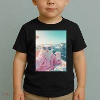 Cool Relaxed Cat on a Yacht Boat with Shark Funny Cat Meme Toddler T-Shirt thumb 2