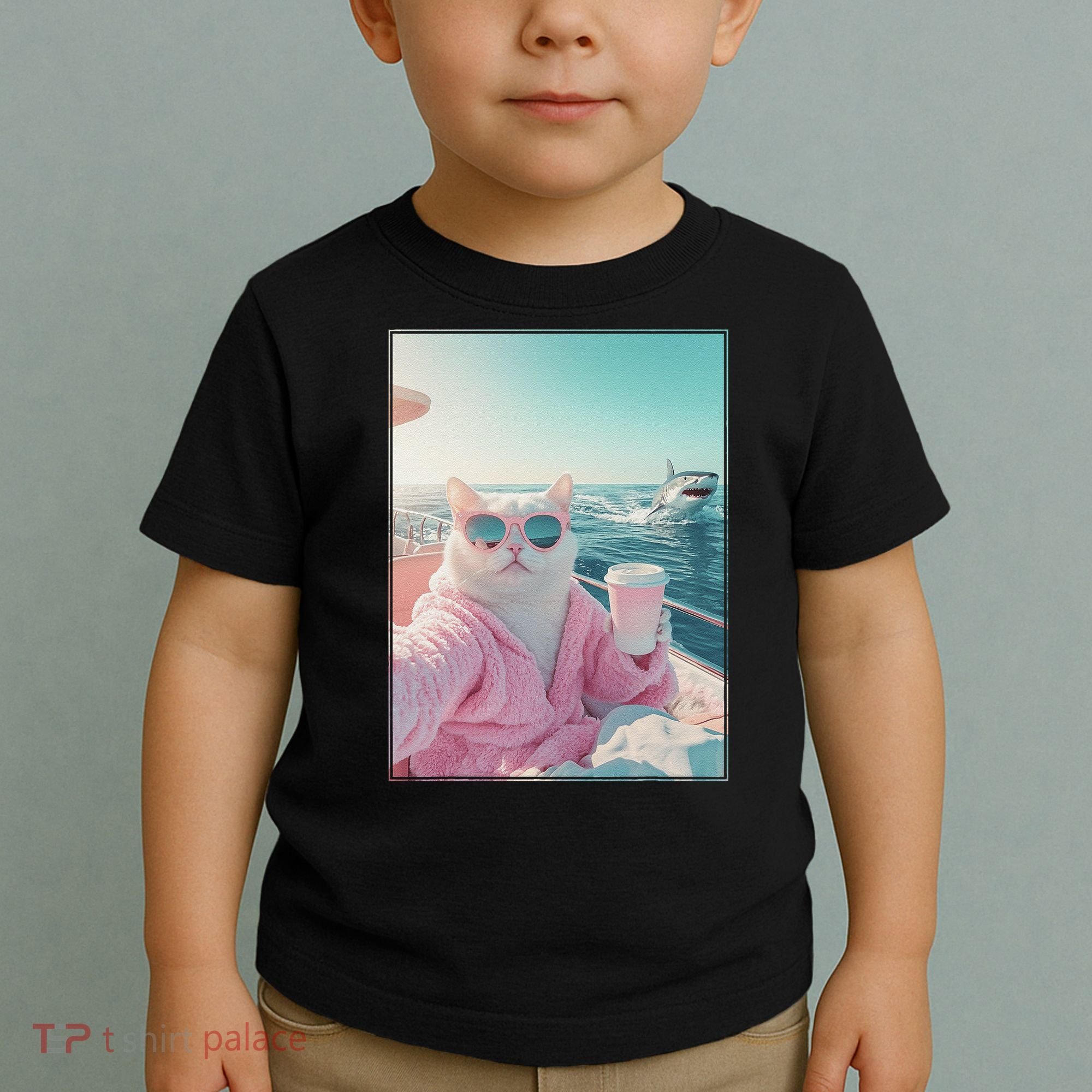 Cool Relaxed Cat on a Yacht Boat with Shark Funny Cat Meme Toddler T-Shirt