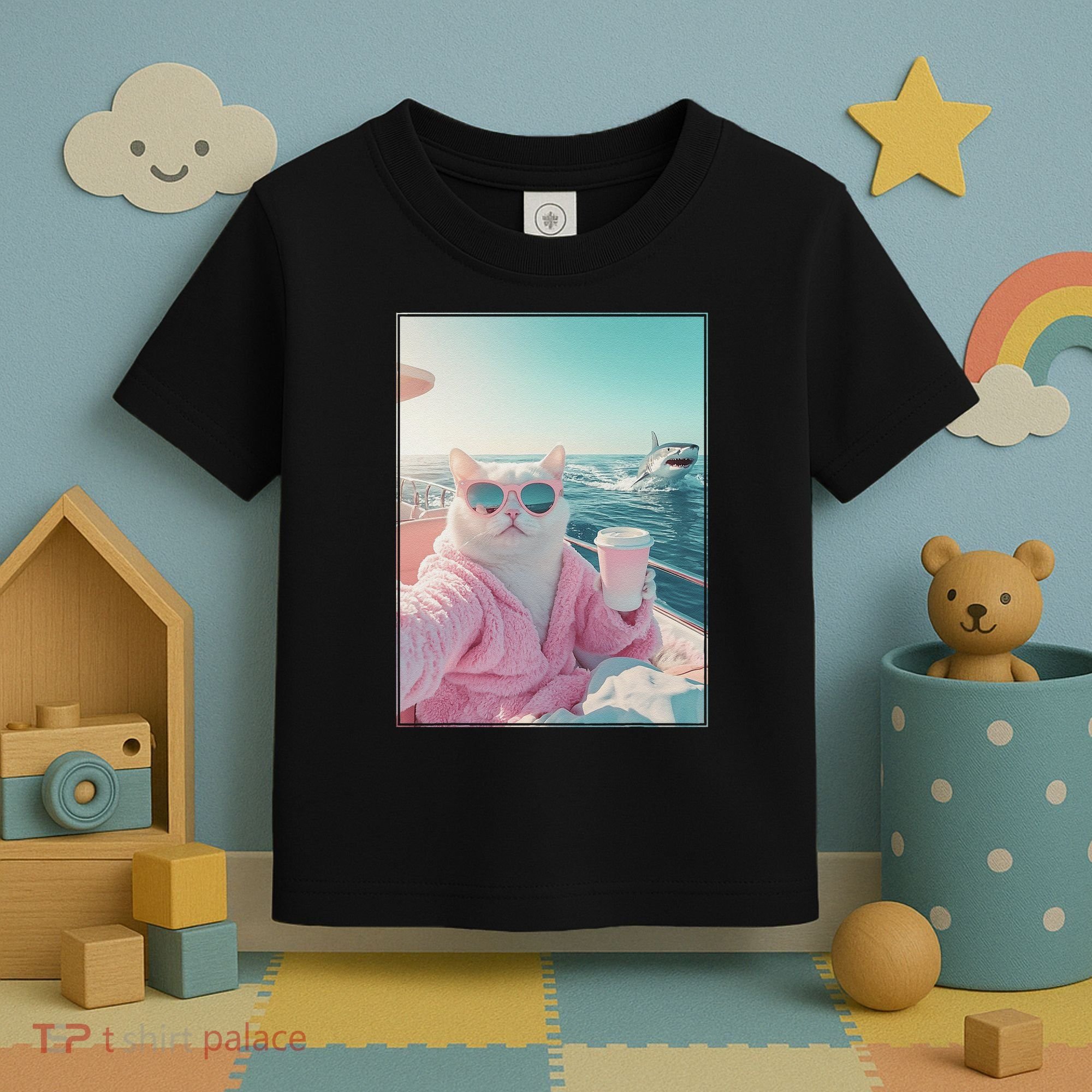 Cool Relaxed Cat on a Yacht Boat with Shark Funny Cat Meme Toddler T-Shirt