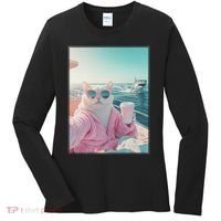 Cool Relaxed Cat on a Yacht Boat with Shark Funny Cat Meme Women's Long Sleeve Shirt thumb 0