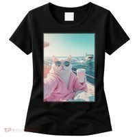 Cool Relaxed Cat on a Yacht Boat with Shark Funny Cat Meme Women's T-Shirt thumb 0