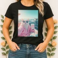 Cool Relaxed Cat on a Yacht Boat with Shark Funny Cat Meme Women's T-Shirt thumb 2