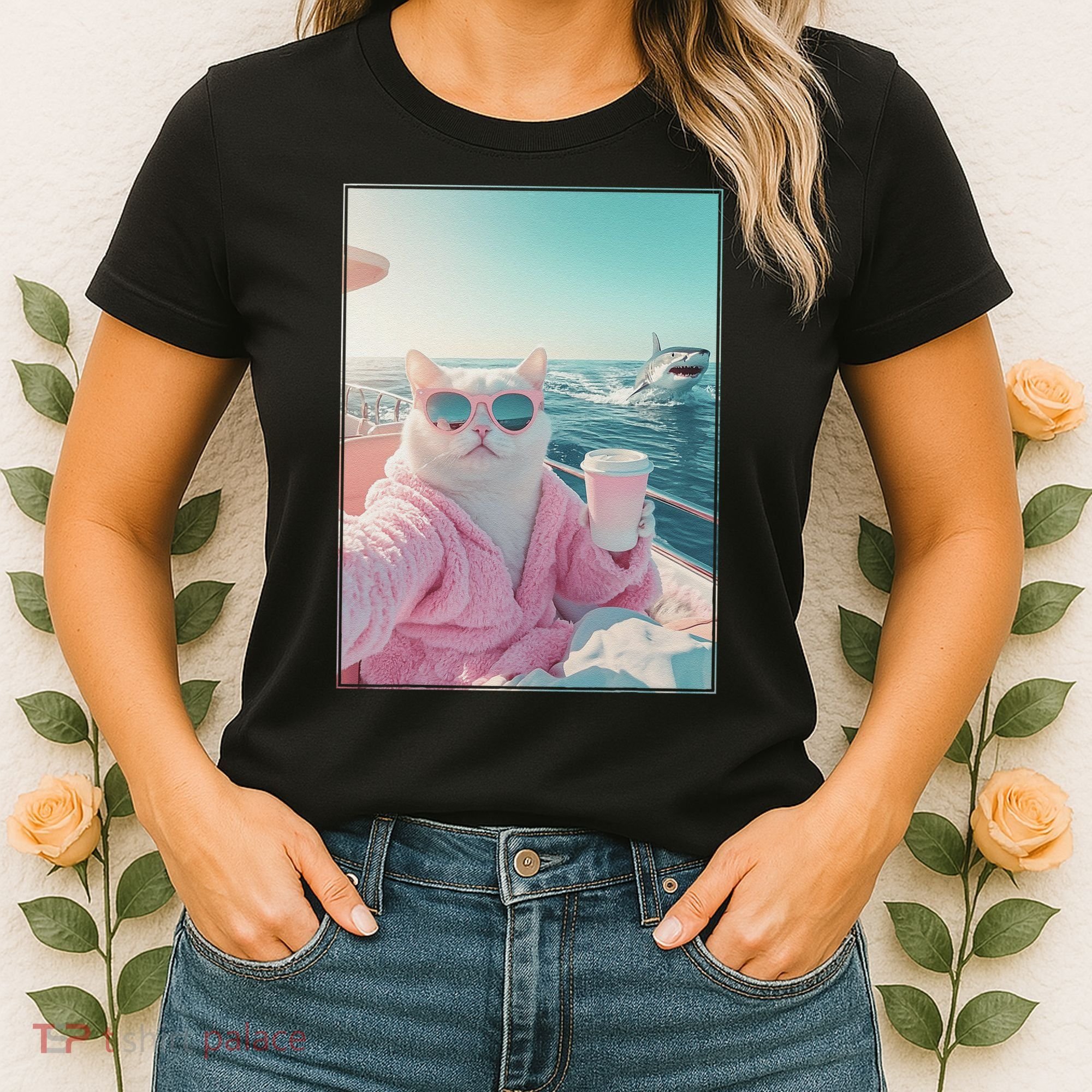 Cool Relaxed Cat on a Yacht Boat with Shark Funny Cat Meme Women's T-Shirt