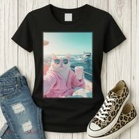 Cool Relaxed Cat on a Yacht Boat with Shark Funny Cat Meme Women's T-Shirt thumb 3