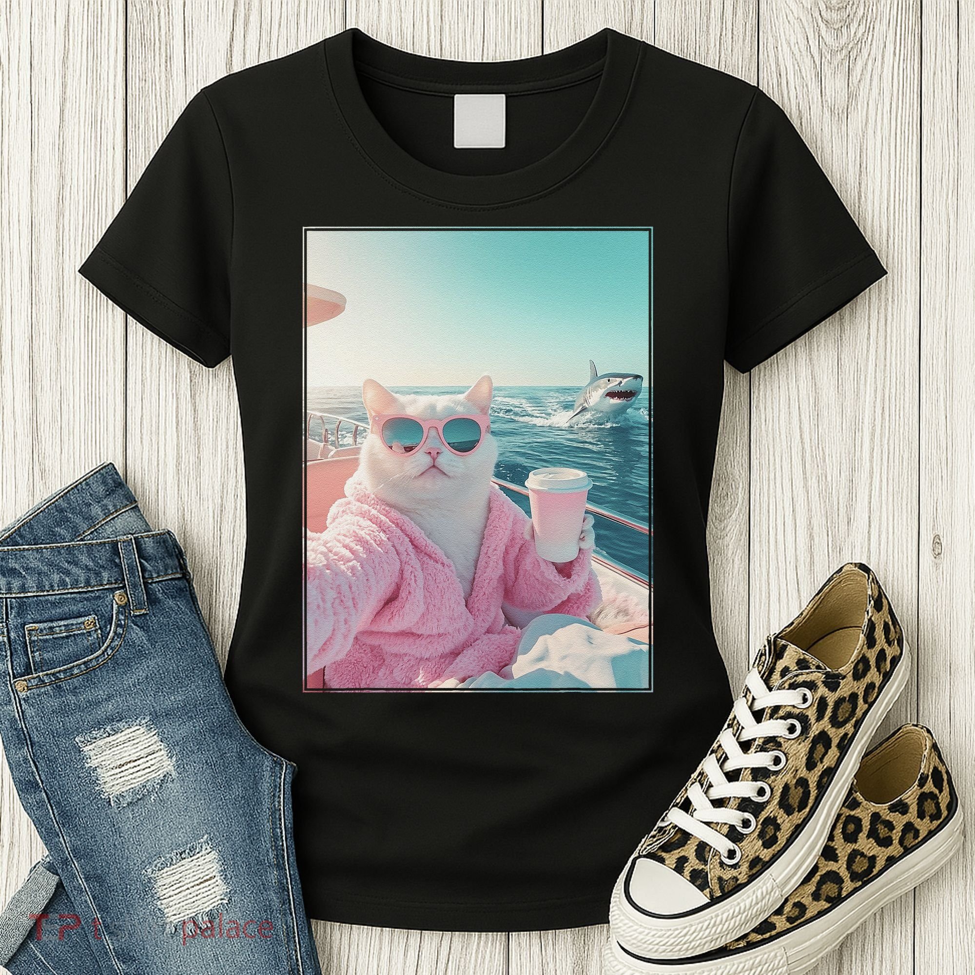 Cool Relaxed Cat on a Yacht Boat with Shark Funny Cat Meme Women's T-Shirt