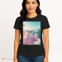 Cool Relaxed Cat on a Yacht Boat with Shark Funny Cat Meme Women's T-Shirt thumb 4