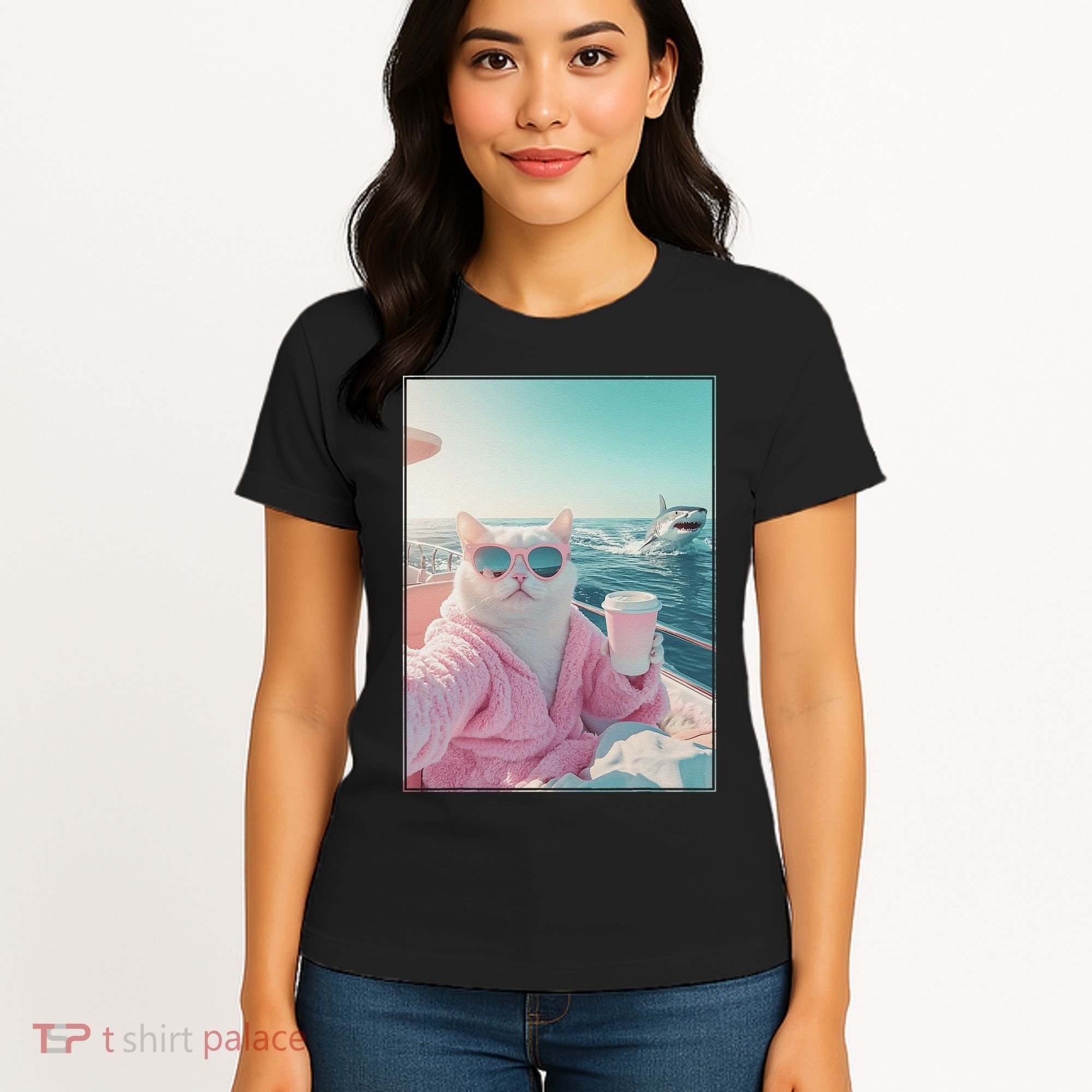 Cool Relaxed Cat on a Yacht Boat with Shark Funny Cat Meme Women's T-Shirt